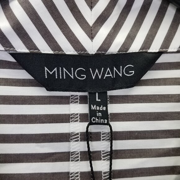 Ming Wang Heritage Fit Blouse Women's L Poplin Shawl Collar V-Neck Stripe NEW - Picture 3 of 16